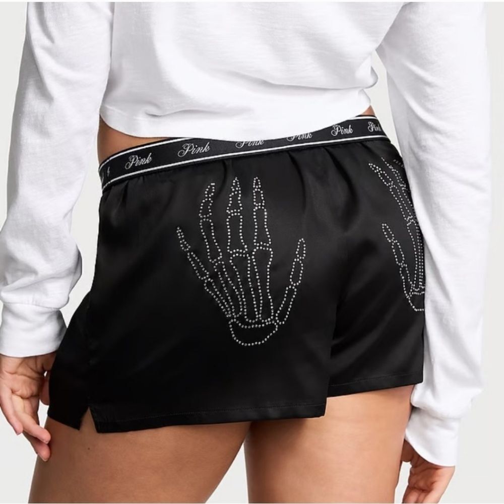 Victoria’s Secret PINK Tencel Satin Pajama Shorts‎ XL Black Skeleton Diamante